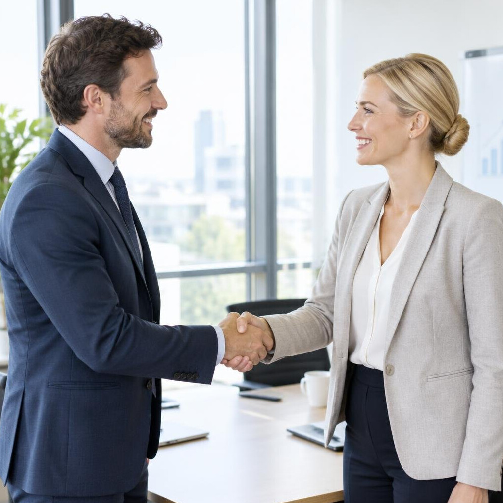 Two colleagues shaking hands after a meeting