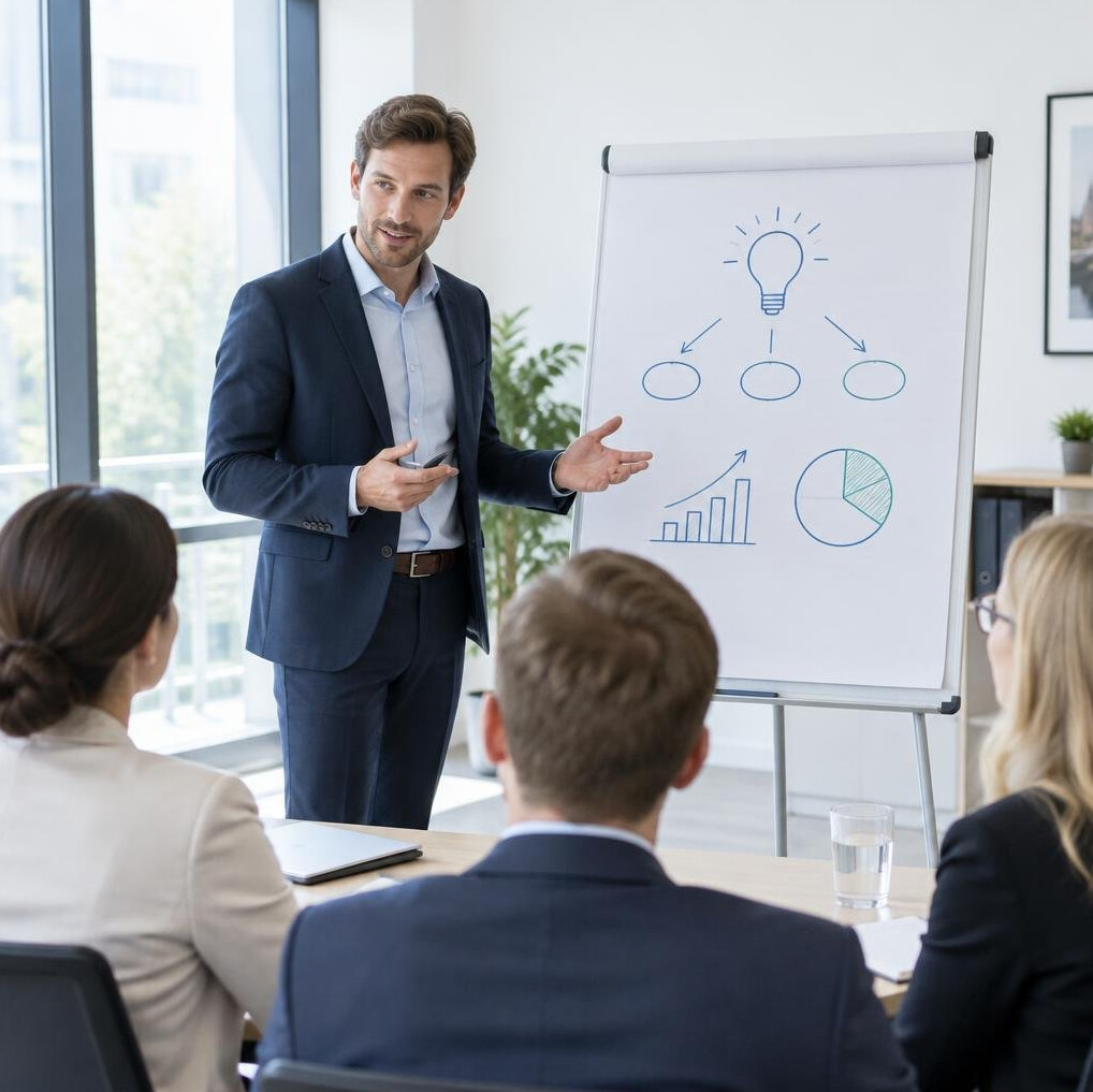 Man presenting with a flipchart to seated colleagues