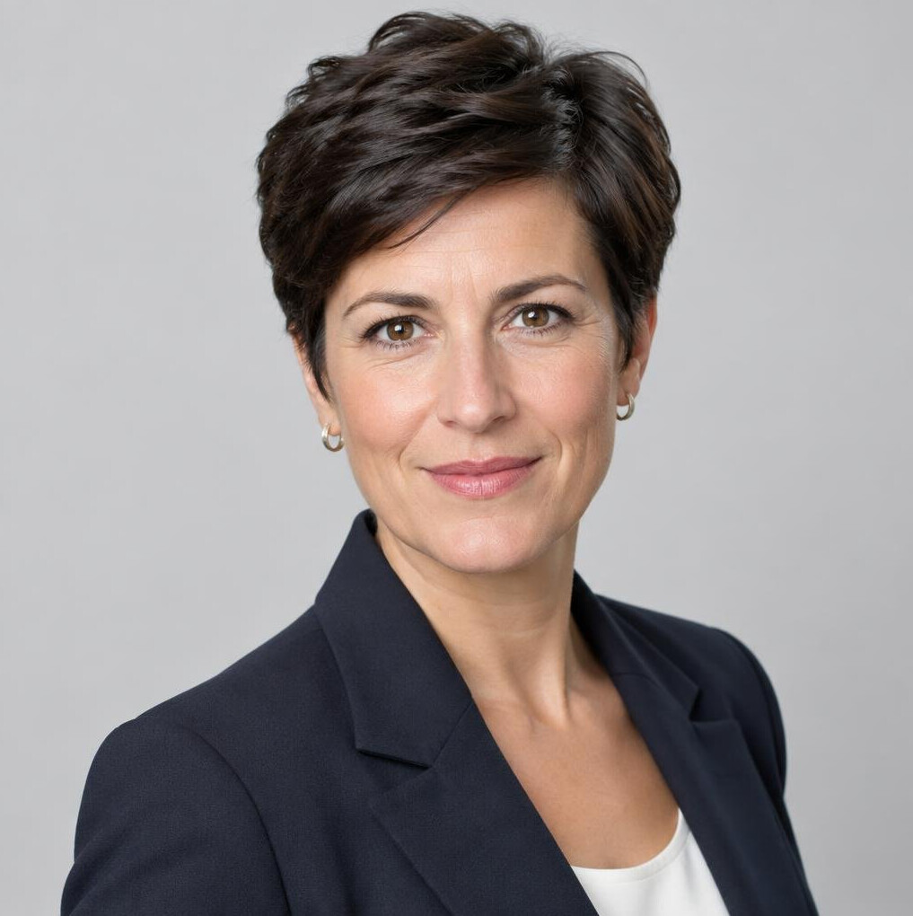 Studio portrait of a woman with short dark hair in business attire