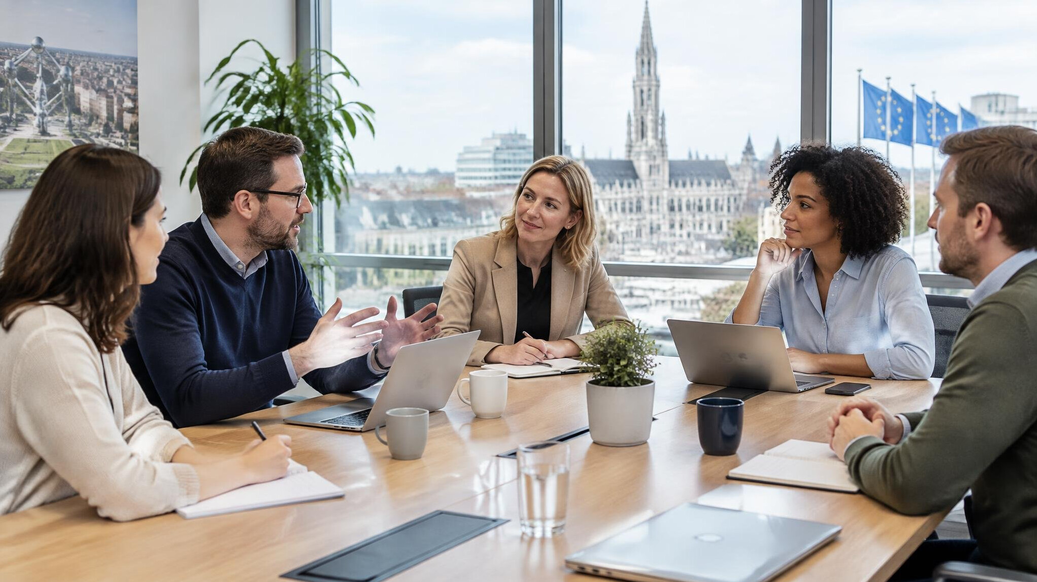 Business professionals discussing strategy around a table