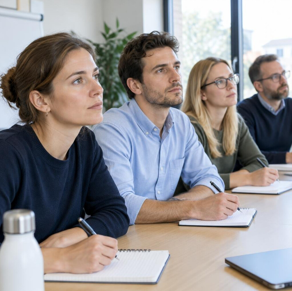Colleagues taking notes during a training session