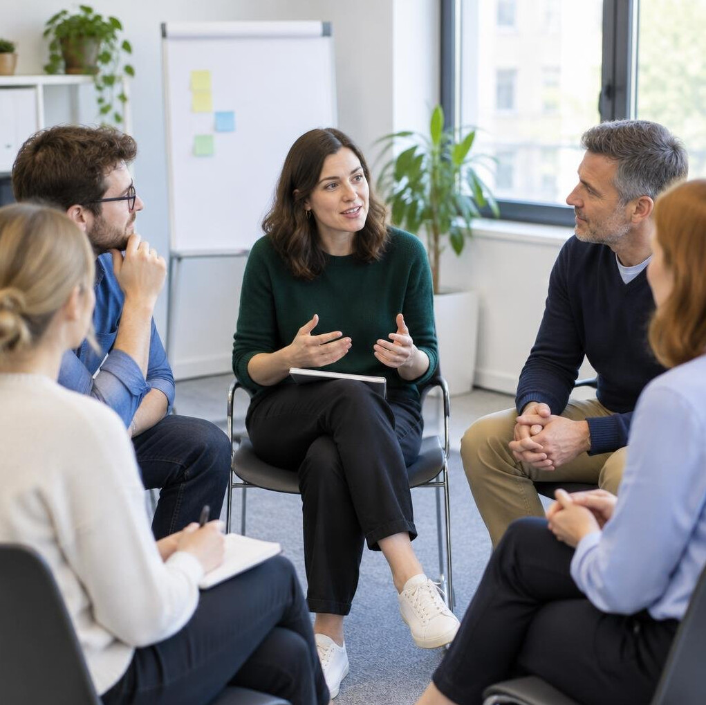 Small group of colleagues in a workshop discussion