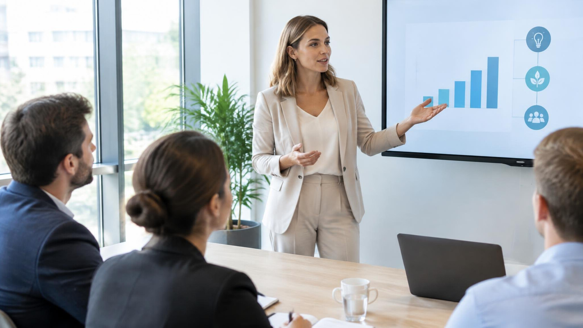 Woman presenting to a small group in a meeting room