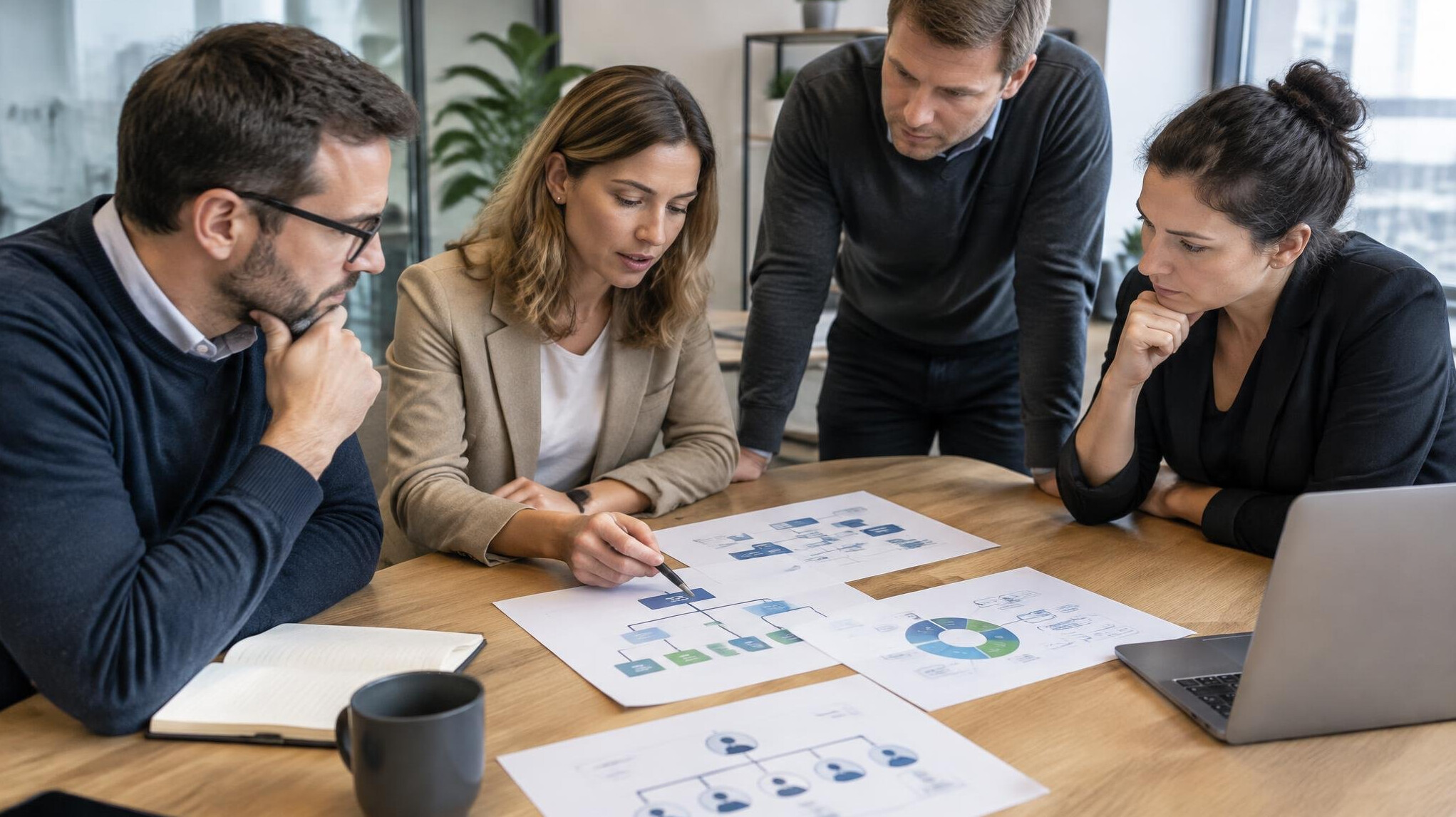 Colleagues examining printed charts on a table