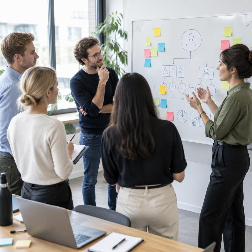 People collaborating around a whiteboard with diagrams